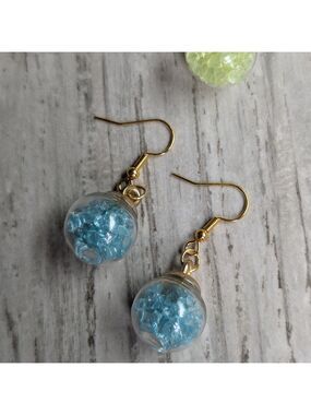 Fun Ball Shaped Gold and Blue Dangle Earrings